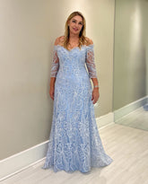 Elegant Sky Blue A-Line Strapless Off-The-Shoulder 3/4 Sleeves Long Lace Mother of the Bride Dress